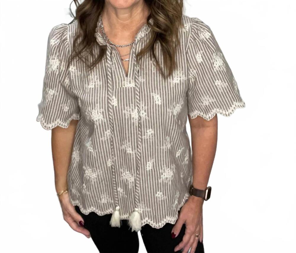 NEW ODDI embroidered short sleeve blouse in taupe stripe